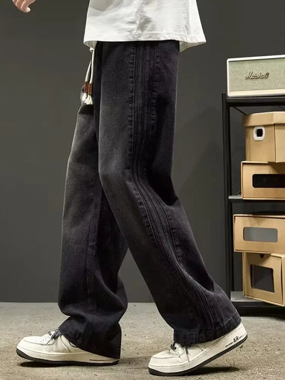 New American Retro Black Straight-leg Jeans For Men High-street Washed Fashionable Loose Wide-leg Floor-length Trousers Clothing