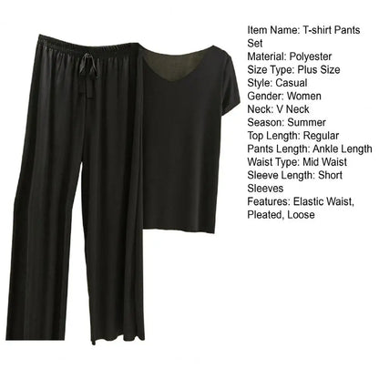 2 Pcs/Set Women T-shirt Pants Set Pleated Wide Leg V Neck Short Sleeves Loose Home wear Pullover Thin Summer Top Trousers Set