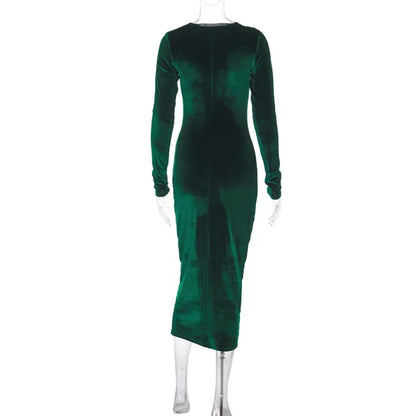 BWQ 2025 Spring Summer Velvet Long Sleeve Midi Dress For Women Ruched Long Dress Elegant Party Clothes Evening Green Outfits