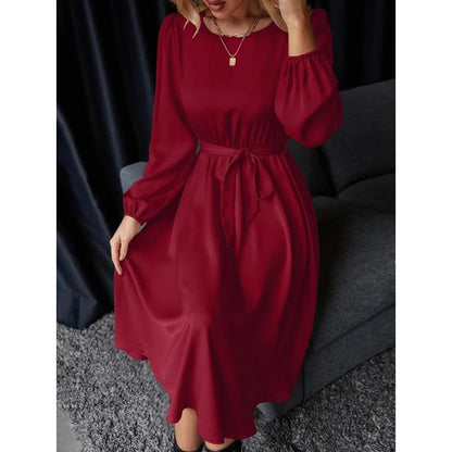 Summer Women's New Fashion Lantern Sleeves Keyhole Back Lace Up Waist Satin Round Neck Long Sleeve Medium Length Dress
