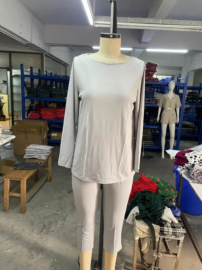 Women Elegant Solid Color Two Piece Sets Casual O Neck Pullover Full Sleeve Tops + Pants Suit 2 Piece Set Woman Fashion Outfits