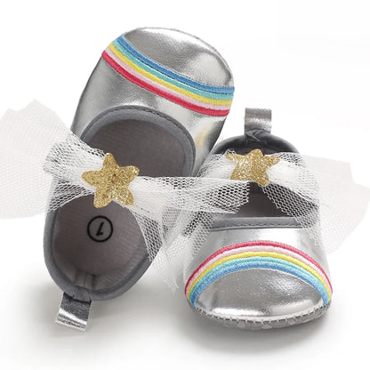 Cute 0-18M Spring Newborn Silver Baby Shoes Non Slip Cloth Bottom Girl Shoes Elegant Breathable Casual Baby First Walking Shoes