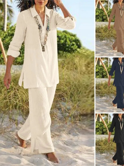 Spring Autumn Plus Size Women's Solid Color Chinese Style Retro Pants Set Cotton Linen Casual Long Sleeved Loose Cotton Set