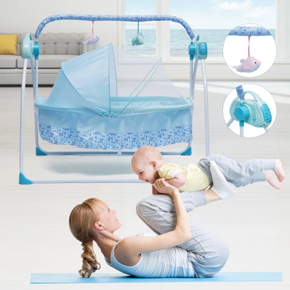Electric Baby Crib Cradle Auto-Swing Newborn Sleep Bed Infant with Bluetooth blue with Chair + Music + Mat + Net