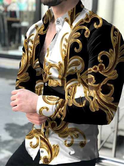 2025 New Hawaiian Shirts Luxury Gold Pattern Shirts Men's Fashion Casual Shirts Long Sleeves Lapel Beach Shirts Men's Clothing