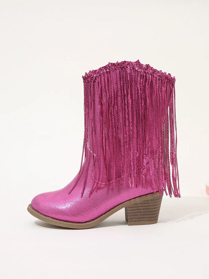 Children Boots Versatile Tassels Pink Elegant 2024 New Performance Girls Boots Low Heels Shiny Solid Color Britain Princess Boot