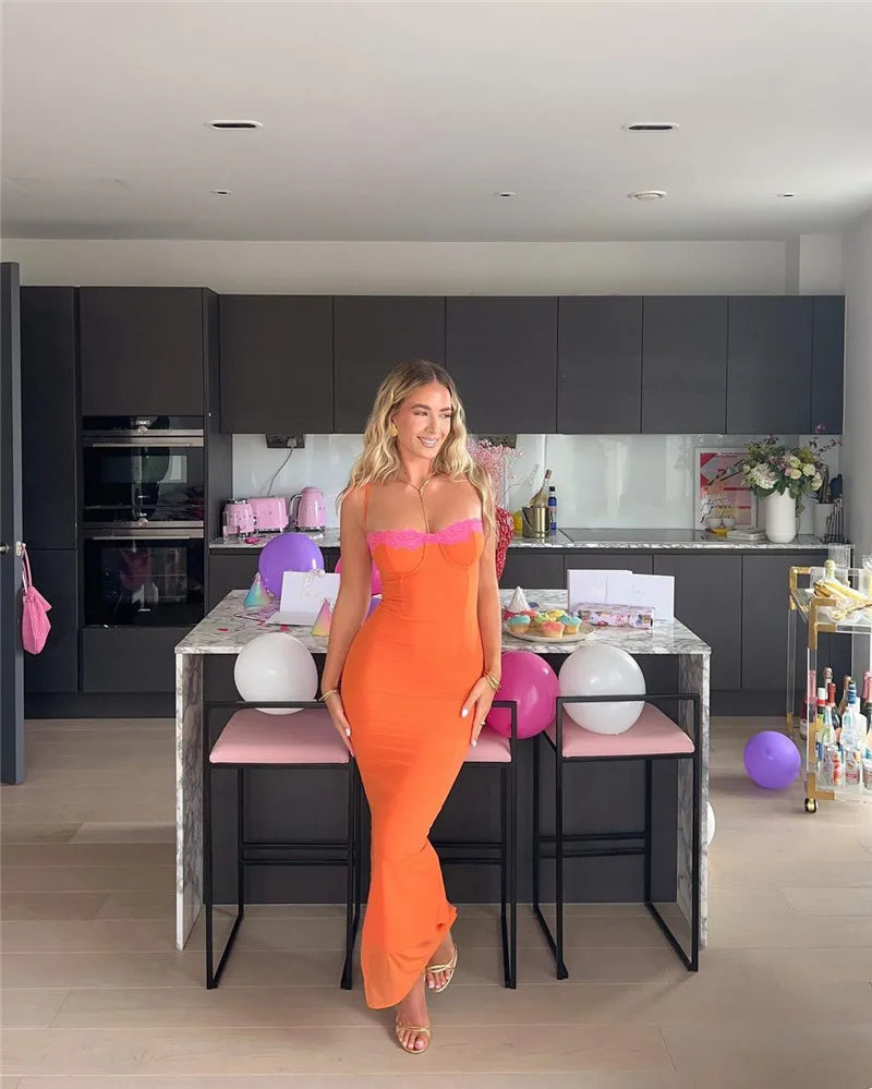 Mozision Lace Spaghetti Strap Bodycon Maxi Dress Women Robe New Patchwork Strapless Sleeveless Backless Sexy Club Party Dress