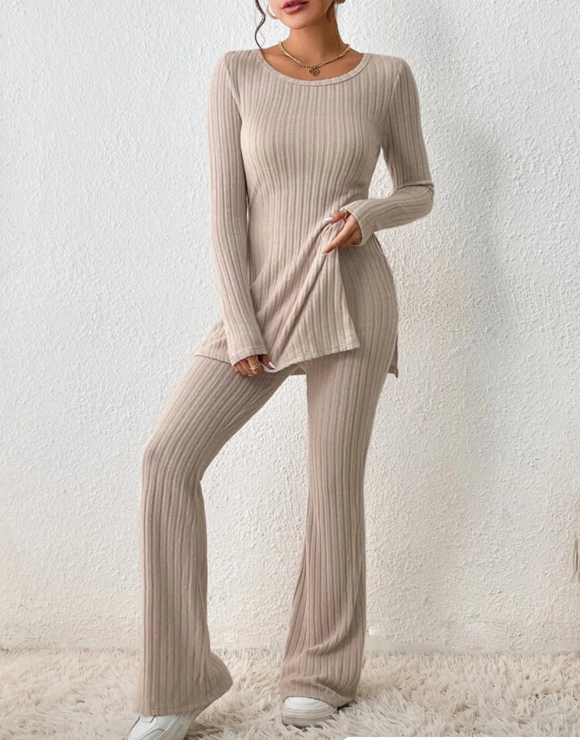 Autumn Winter Women's Clothing New Style Solid Color Sexy Casual Long Sleeved Round Neck Slit Fashion Temperament Two-piece Set