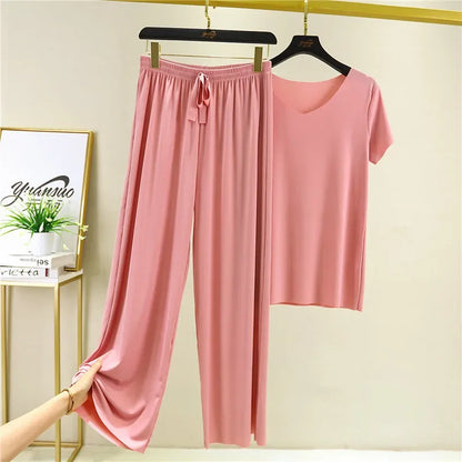 Female Home Clothes 2 Pieces Set Lady Home Suit Summer Women Lounge Wear Autumn Loose Home wear Suit for Women Pajamas Pants Set