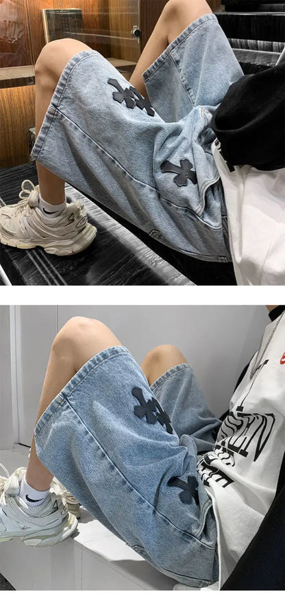 American cross-print denim shorts men's summer thin Hong Kong style loose trousers trendy brand retro casual mid-pants y2k tops