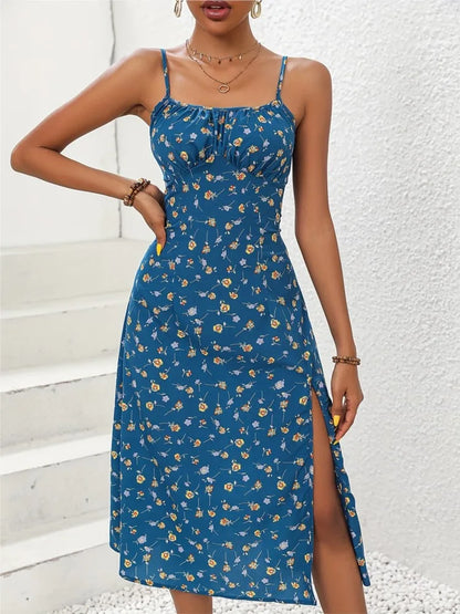 2025 Summer Sexy Spaghetti Straps Dress Women Fashion Polka Dot Print Sleeveless Slit Dress Boho Casual Beach Midi Dresses