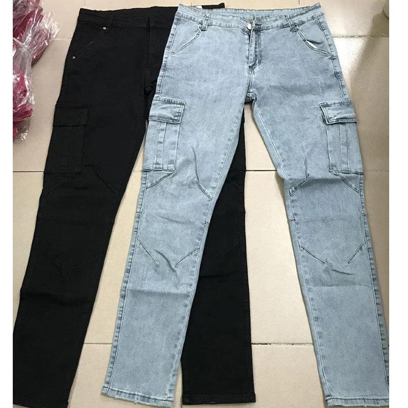Jeans Men Pants Wash Solid Color Multi Pockets Denim Mid Waist Cargo Jeans Plus Size Fashion Casual Trousers Male Daily Wear