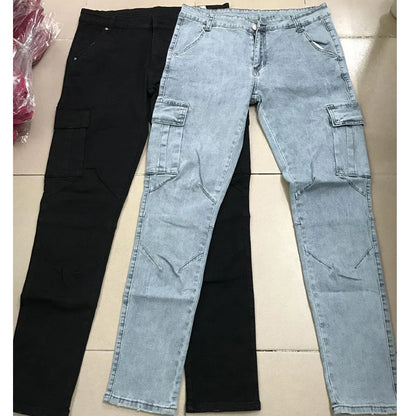Jeans Men Pants Wash Solid Color Multi Pockets Denim Mid Waist Cargo Jeans Plus Size Fashion Casual Trousers Male Daily Wear