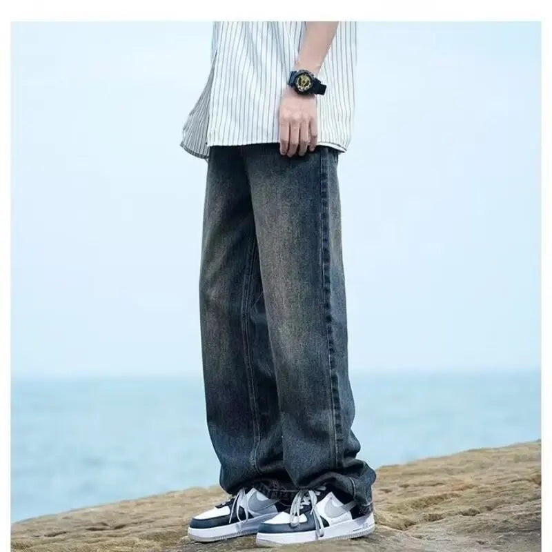 New Retro Washed Large Medium High Waist Men's Straight Blue Men's Trendy Denim Long Pants Men's Clothing Pantalon Homme Jean