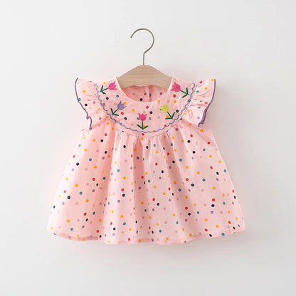 Cotton Baby Dress Flower Embroidery Comfortable Baby Dress Colorful Polka Dot Printed Dress