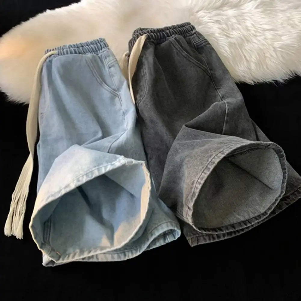 Men Wide-leg Denim Shorts Men's Quick-drying Denim Beach Shorts With Elastic Drawstring Waistband Pockets Summer Wide Leg Shorts