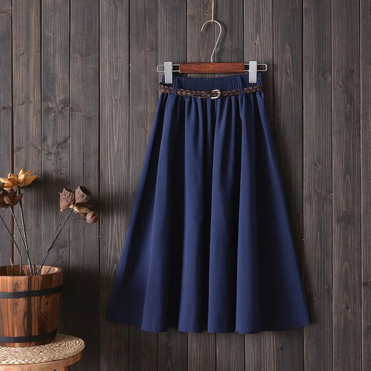 Midi Knee Length Summer Skirt Women With Belt  Fashion Korean Ladies High Waist Pleated A-line School Skirt Female