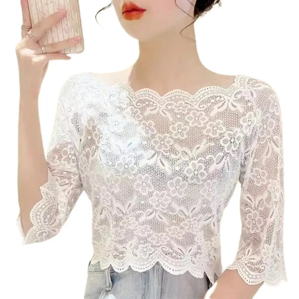 Women Lace Tops Summer Cropped Tops One-word Collar Half Sleeve Blouse Floral Plaid Sheer Sexy Top Embroidery Lace Pullover Tops