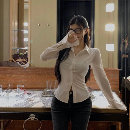 Fashion Women Bandage Shirts Korean All Match Streetwear Female Slim Blouse Spring Casual White Bell Sleeve Shirt New