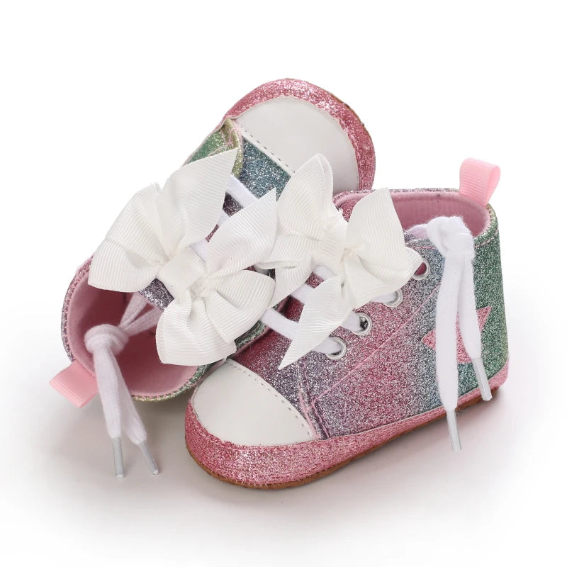 Cute 0-18M Spring Newborn Silver Baby Shoes Non Slip Cloth Bottom Girl Shoes Elegant Breathable Casual Baby First Walking Shoes