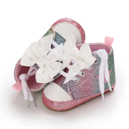 Cute 0-18M Spring Newborn Silver Baby Shoes Non Slip Cloth Bottom Girl Shoes Elegant Breathable Casual Baby First Walking Shoes