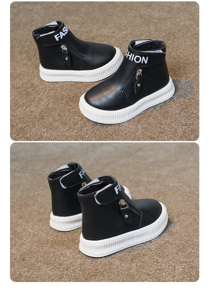 Kids Leather Boots Children Short Sport Boots Side Zipper Round-toe Classic Solid Color Non-slip Boys Girls Fashion Boots 2025