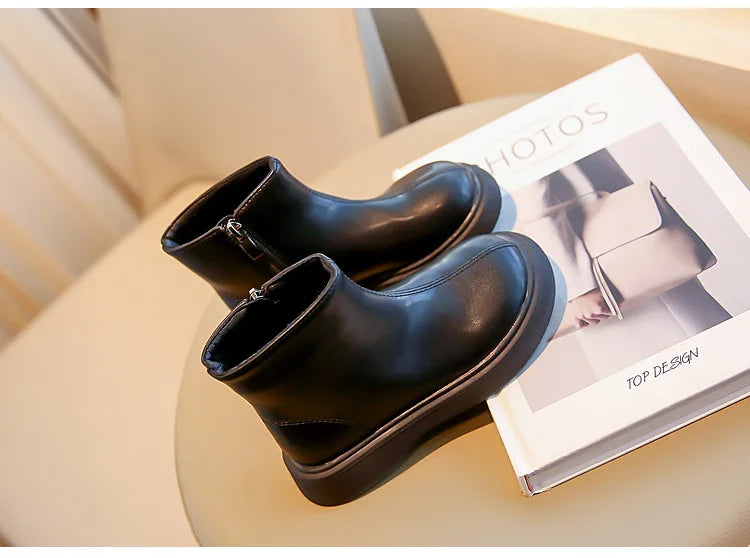 Autumn Winter Children's Boots Fashion Simple Style Girl's Ankle Boot Causal Versatile Black Kid Short Leather Boots Side Zipper