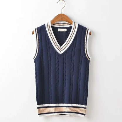 Striped White Knitted Sweaters for Men Blue Sleeveless Man Clothes V Neck Vest Red Waistcoat Jumpers Sweat-shirt Cotton