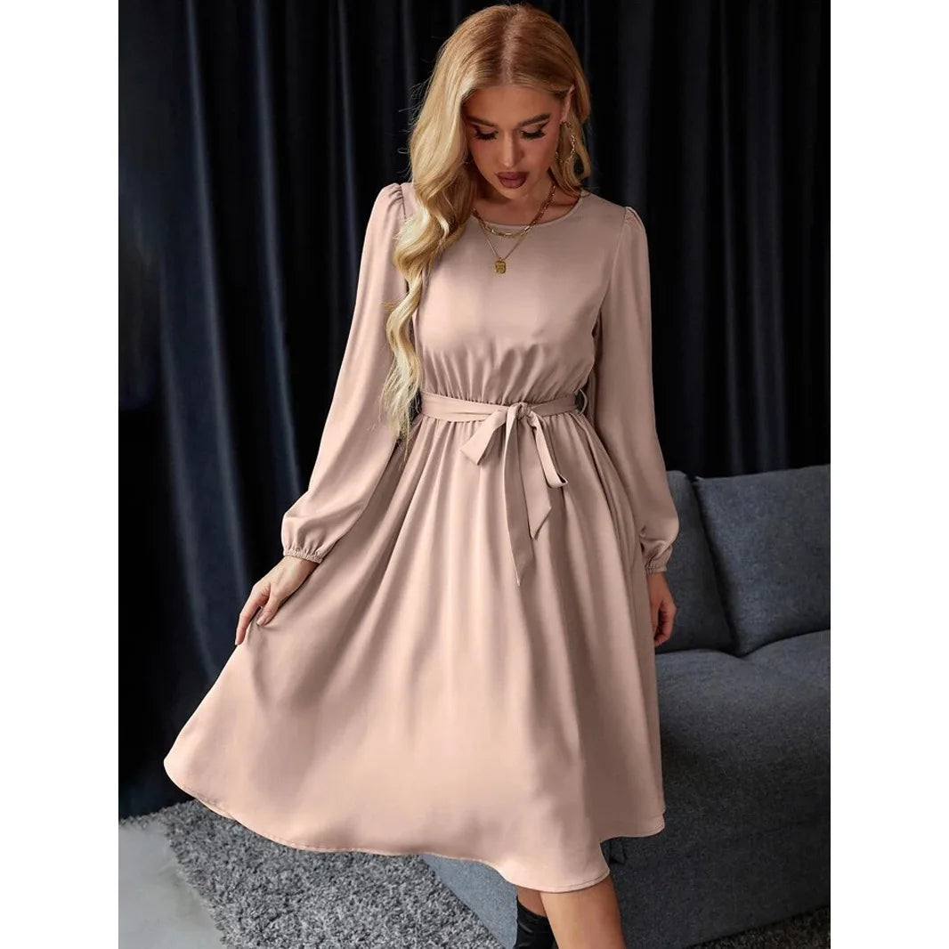 Summer Women's New Fashion Lantern Sleeves Keyhole Back Lace Up Waist Satin Round Neck Long Sleeve Medium Length Dress