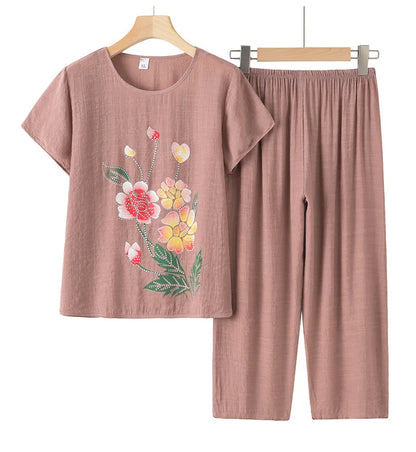Summer Women Clothing Middle Aged Mother Short Sleeved Cotton Linen Sleepwear Set Printed Large Size Grandma Pajamas Suit 4XL