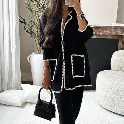 Women'sTwo Pieces Set Long Sleeve Knit Pocket Single Breasted Cardigan Suit Autumn Elegant Fashion Female Warm Street Clothes