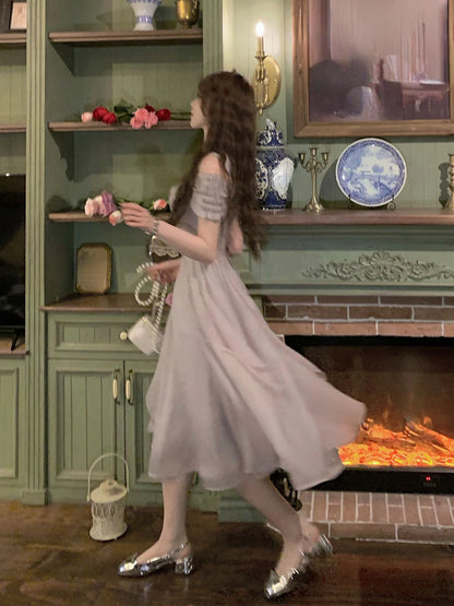 Korean Casual Midi Dress for Women 2025 New Summer Fashion Elegant Off The Shoulder Folds Ruffle Female Clothes Birthday Dress