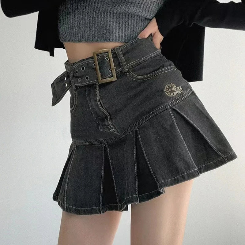 Embroider denim skirt women's clothing spring and summer retro pleated skirt empire look slimmer mini skirt