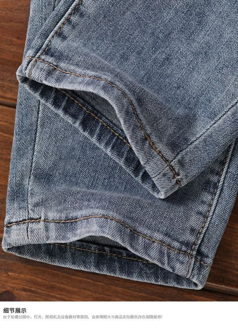 Korean Style Clothes Men's Denim Jeans with Elastic Waistband Drawstring for Washed Autumn Casual Stretch Jeans Male