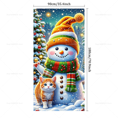 Christmas Decorations Door Cover Banner Cute Snowman Bear Gift Backdrop Xmas Party Indoor Outdoor Background Decor Supplies
