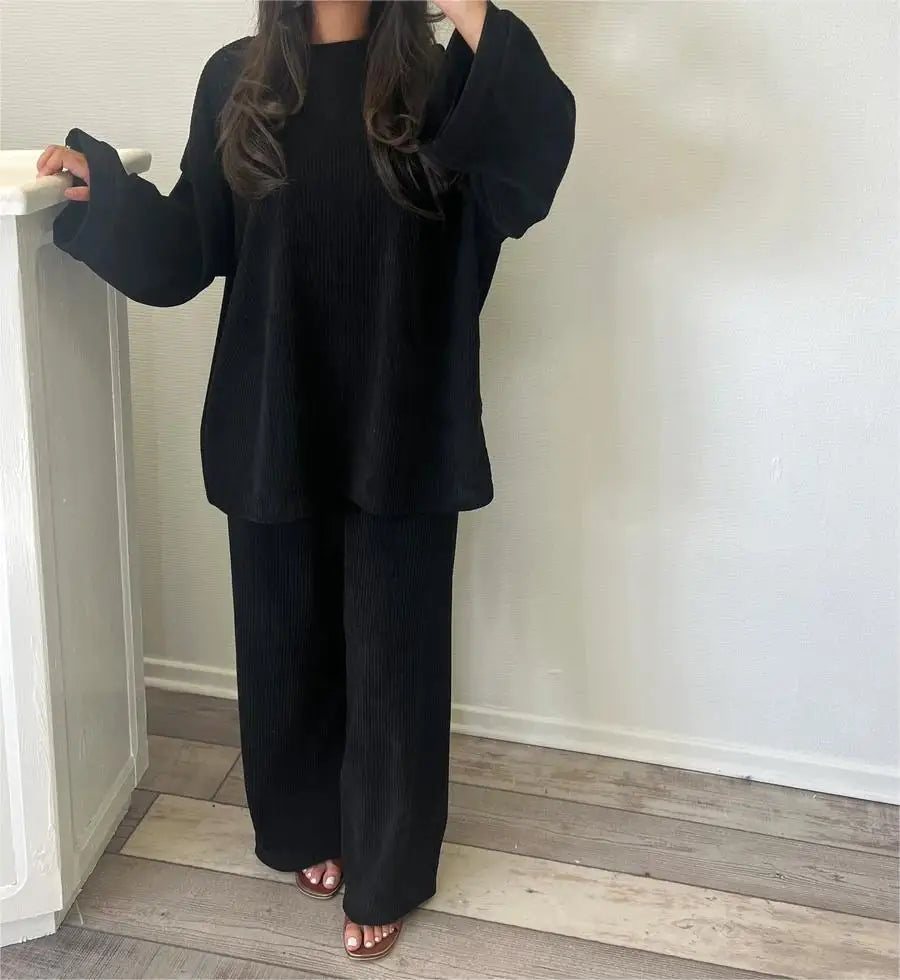 Spring Autumn Solid Color Corduroy Pants Sets Women Loose Long Sleeve Wide Legs Trousers Two Piece Set Female Commuting Clothing