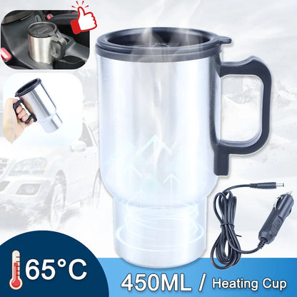 12V Car Heating Cup Car Heated Mug, 450ml Travel Electric Coffee Cup 14oz. Insulated Heated Thermos Mug