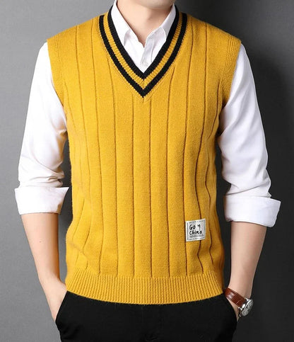 Men's Clothing Icon Knit Sweater Male Sleeveless Striped Waistcoat Vest Beige Heated Korean Style High Quality Replica Street X