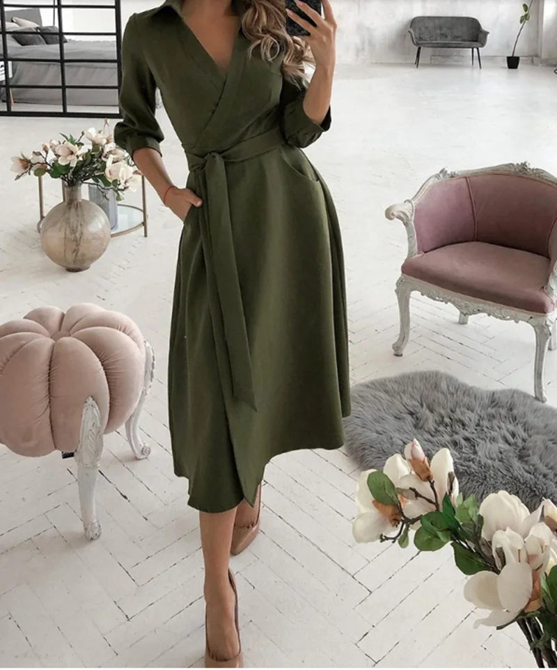 Office Women Casual Sashes A-Line Wrap Summer Dress 2025 Print Long Sleeve V-Neck Dress Pocket Elegant Midi Party Dress Vestidos
