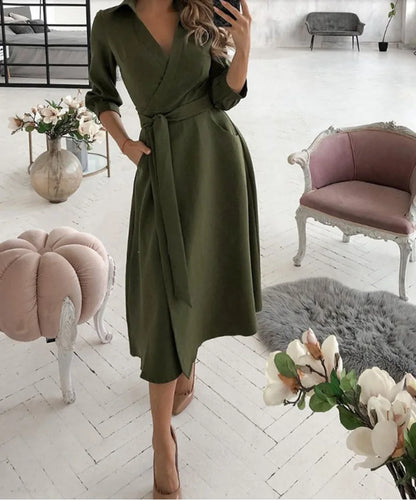 Office Women Casual Sashes A-Line Wrap Summer Dress 2025 Print Long Sleeve V-Neck Dress Pocket Elegant Midi Party Dress Vestidos