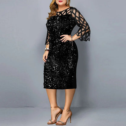 Elegant Sequin Plus Size 4XL 5XL Women Midi Dress Sexy Casual Evening Party Dress Gown Wedding Luxury Robe Rouge Vestidos