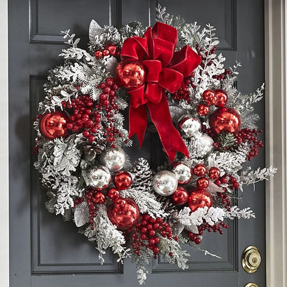 Holiday Wall Door Decoration Christmas Garland Wreath with Red Silver Christmas Ornament Balls