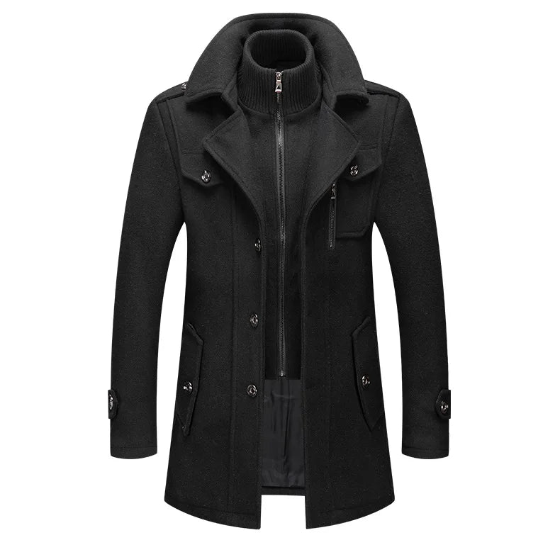 Autumn Winter Men's Woolen Coat Fashion Double Neck Coat Solid Color Long Sleeve Jacket