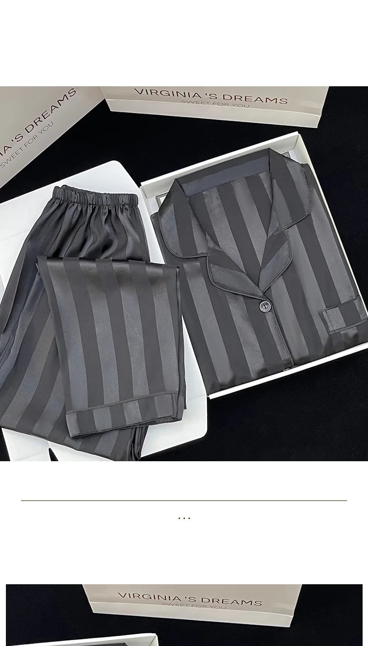 Women's Pajamas Sets Spring Autumn 2 Piece Striped Pajama Faux Silk Satin Sleepwear Long Sleeve Button Pajama Mujer Pjs Home wear