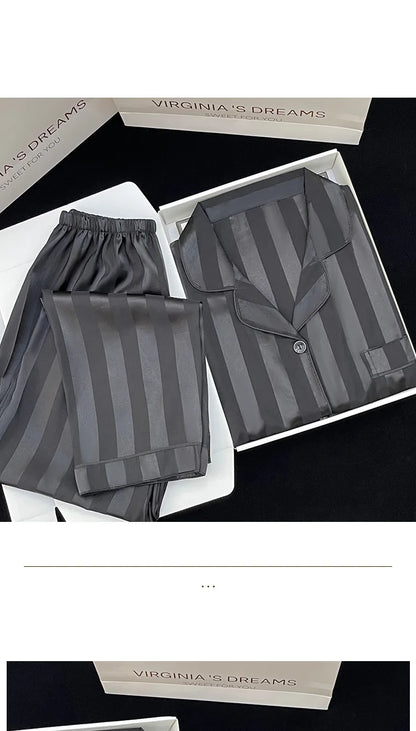 Women's Pajamas Sets Spring Autumn 2 Piece Striped Pajama Faux Silk Satin Sleepwear Long Sleeve Button Pajama Mujer Pjs Home wear