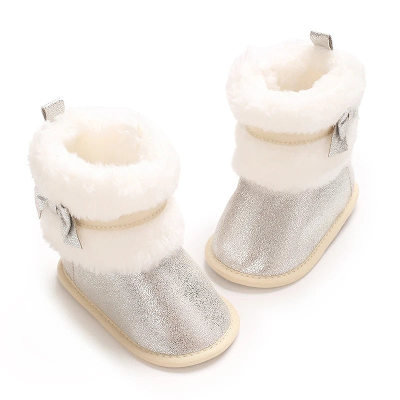 Suefunskry Newborn Baby Girl Winter Warm Plush Boots Shiny Flats with Cute Bows Casual Walking Shoes for Toddler Infant