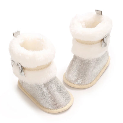 Suefunskry Newborn Baby Girl Winter Warm Plush Boots Shiny Flats with Cute Bows Casual Walking Shoes for Toddler Infant