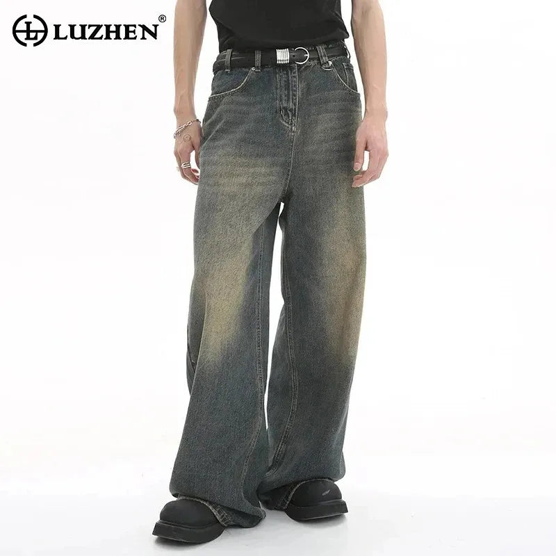 LUZHEN Old Male Pants Autumn Blue Washed Men Denim Jeans Straight Casual Men wear Loose Wide Leg Trousers 2025 New Fashion 9C354