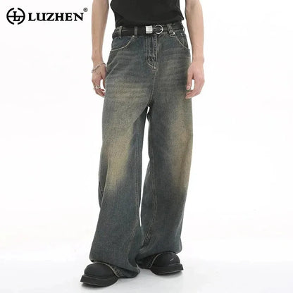 LUZHEN Old Male Pants Autumn Blue Washed Men Denim Jeans Straight Casual Men wear Loose Wide Leg Trousers 2025 New Fashion 9C354