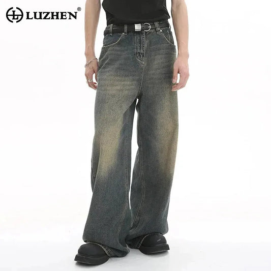 LUZHEN Old Male Pants Autumn Blue Washed Men Denim Jeans Straight Casual Men wear Loose Wide Leg Trousers 2025 New Fashion 9C354